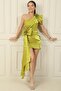 One-Shoulder Floral Print and Bow Satin Dress - Handkerchief and Lining