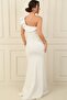 One Shoulder Stripe Jewel Skirt Slit Lined Long Crepe Evening Dress - 4