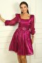 Women's Square Neck Long Sleeve Waist Belt Pleated Organza Short Dress - 2