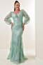 Front Back V-Neck Glittery Flock Print Plus Size Long Dress - 3