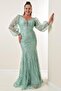 Front Back V-Neck Glittery Flock Print Plus Size Long Dress