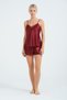 Lace Detailed Rope Strap Satin Shorts Nightgown Set 028 Burgundy - 3