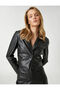 Faux Leather Crop Blazer Jacket with Single Button Pocket Detail - 2