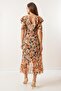 Monaco Chain Detailed Flounced Lined Hopper Pattern Chiffon Dress - 4