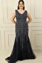 Front Back V-neck Jewel Embroidered Back Tie-Up Lining Large Size Long Dress