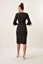 Belted Dress with Rhinestone Sleeves and Feather Detail - 4