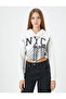 Crop Hooded Sweatshirt Asymmetric Cut NYC Printed - 7