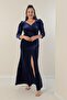 Double Breasted Neckline Front Draped Plus Size Velvet Long Dress - 3