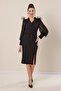 Double Breasted Neckline Waist Belt Front Slit Sleeve Chiffon and Cuffed Feather Detail Crepe Dress - 3