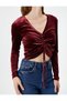 Crop Velvet T-Shirt Long Sleeve V-Neck Gathered - 5
