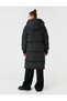 Long Puffer Jacket Zippered Pocket Detailed Hooded Slogan Printed - 4