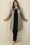 Sleeveless Blouse with Side Slits, Bead Detailed Lined Long Jacquard Jacket, Plus Size 3-Piece Set - 2