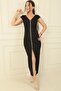 V-neck Double Nail Sleeve Jewelled Slit Dress - 3