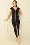 V-neck Double Nail Sleeve Jewelled Slit Dress - 4