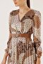Double Breasted Neck Waist Belted Mixed Patterned Lined Pleated Satin Dress - 4