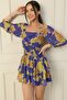 Square Collar Waist Lined Abstract Pattern Layered Chiffon Dress - 2
