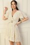 Double Breasted Collar Waist Belt Lined Sleeve Flounced Slit Lace Dress - 2