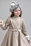 Girl's Houndstooth Patterned Dress with Plush Sleeves and Pearl Embellished Shoulders, Ivory Cashmere Coat - 5