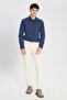 Men's Navy Blue 100% Cotton Flannel Slim Fit Slim Fit Classic Lapel Dobby Shirt - 2