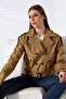 Women's Lined Belted Pocketed Water Repellent Fabric Crop Trench Coat Camel - 4
