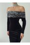 Midi Length Premium Black Velvet Dress with Sequin Embroidery on Collar