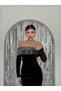 Midi Length Premium Black Velvet Dress with Sequin Embroidery on Collar - 4