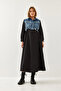 Women's Black Denim Embellished Long Flared Dress 60351248 - 4