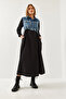 Women's Black Denim Embellished Long Flared Dress 60351248 - 6