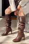 Wave Bitter Brown Heels Below Knee Blunt Toe Matte Leather Women's Gusseted Boots