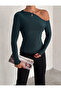 Women's Emerald Green One Shoulder Open Long Sleeve Sandy Fabric Knitted Blouse - 4