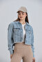 Women's Blue Tasseled Double Pocket Sleeve Pocket Detailed Crop Denim Jacket - 5