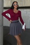 Women's Lycra Fabric Long Sleeve V Neck Burgundy Blouse 12972 - 2