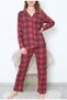 Women's Polo Collar Red Check Front Buttoned Shirt Pajamas Set Dowry Nightgown - 7