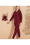 Women's Polo Collar Red Check Front Buttoned Shirt Pajamas Set Dowry Nightgown