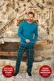 Men's turquoise 100% cotton pajama set jacquard crew neck long sleeve c1-4 - 3385 - aydogan ®
