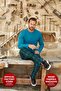 Men's turquoise 100% cotton pajama set jacquard crew neck long sleeve c1-4 - 3385 - aydogan ® - 2