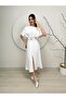 White Evening Dress with Belt Bat Sleeve Slit Detail Wedding Graduation Dress - 4