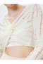 Openwork Crop T-Shirt Long Spanish Sleeve V-Neck Knot Detail Soft Textured - 5