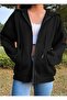 Black Unisex Oversize Hooded Zippered Seasonal Cardigan (2 threads) - 3