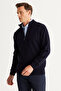 Men's Navy Blue Non-Pilling Standard Fit Normal Cut High Collar Knitwear Cardigan - 4