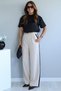 Women's Stone Color Wide Leg Pleated Palazzo Fabric Trousers with Side Stripes - 4