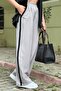 Women's Gray Side-Striped Wide-Leg Pleated Palazzo Fabric Trousers - 5