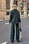 Green Crew Neck Oversize Sweater-Pants Knit Women's Bottom-Top Suit - 5