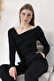 Women's Black Low-Cut Collar Detailed Blouse - 2