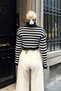 Black Fisherman Striped Ripped Detail Women's Knitwear Crop Sweater - 5