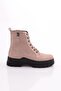 Women's Zipper Detailed Lace up Boots Beige Suede Genuine Leather 1681123217