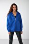 Alena Women's Basic Kangaroo Pocket Oversize Organic Cotton Zippered Hooded Cobalt Blue Sweatshirt - 2
