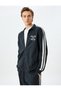 Stand Collar College Embroidered Ribbed Pocket Detailed Cotton Zippered Cardigan - 3