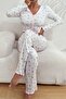 V-Neck Printed Long Pajama Set with Bow Detail - 4
