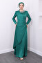 Green Draped Stoned Satin Evening Dress